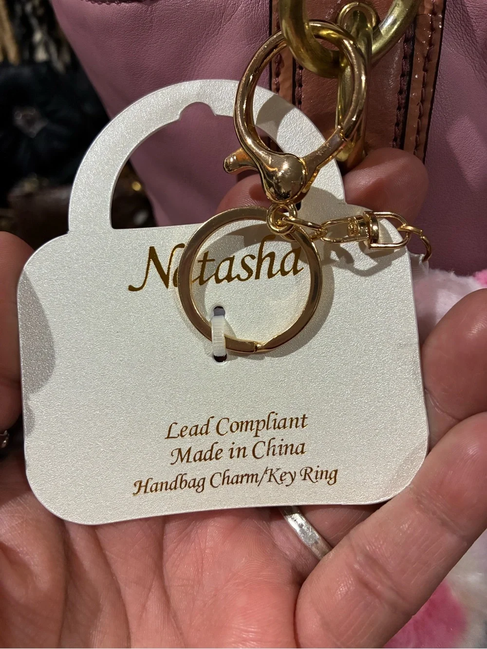 Natasha Pink Plush Flamingo Keychain with Pearl Necklace and Gold Heart